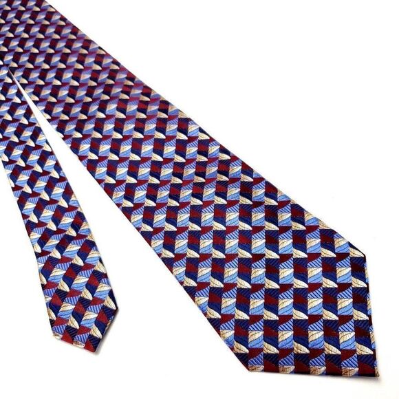 Pronto Uomo Couture Silk Tie Woven Red Blue‎ Yellow Geometric - Picture 1 of 8